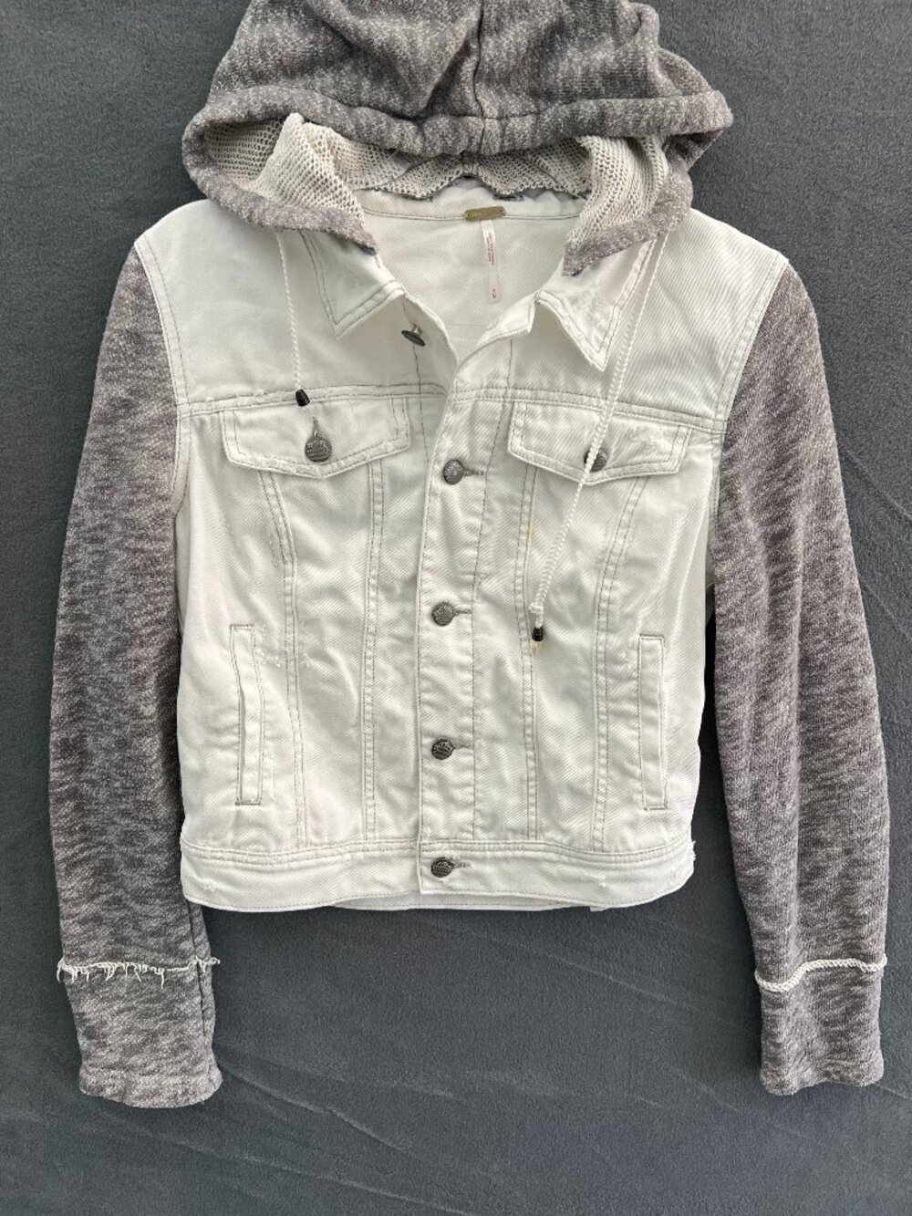 Free People White Distressed Denim Knit Removable Hood Jean Jacket Pockets M